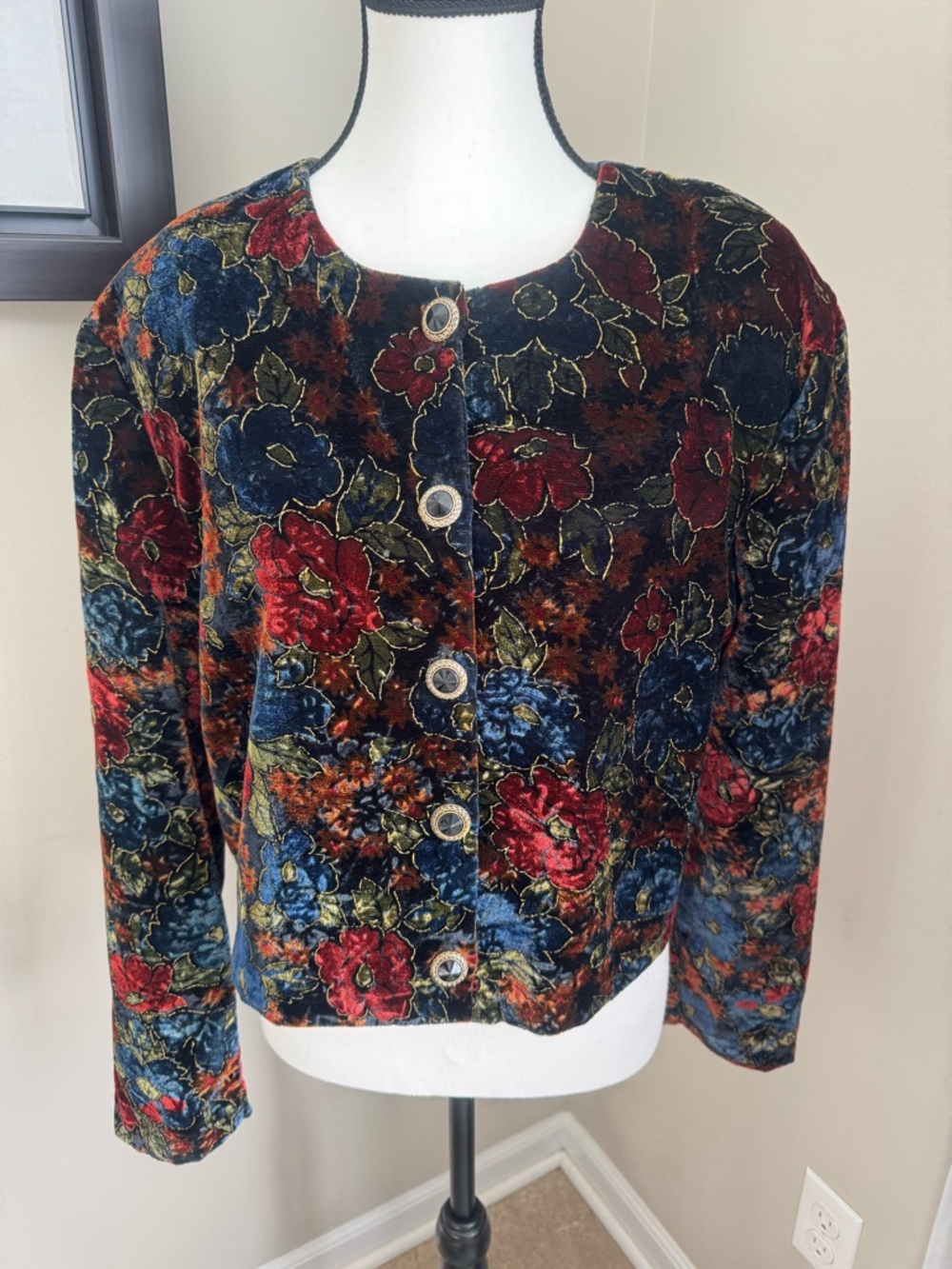 Brittany Nicole Vintage Floral‎ Velvet Cropped Jacket Gold Buttons USA L